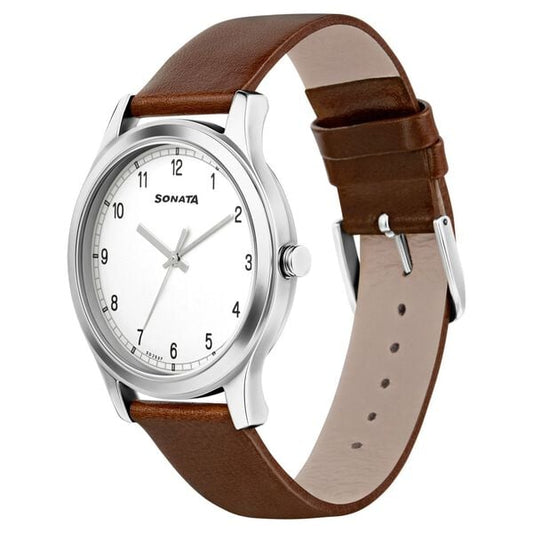 Sonata 7135SL03 Men Quartz White Dial Leather Strap Watch