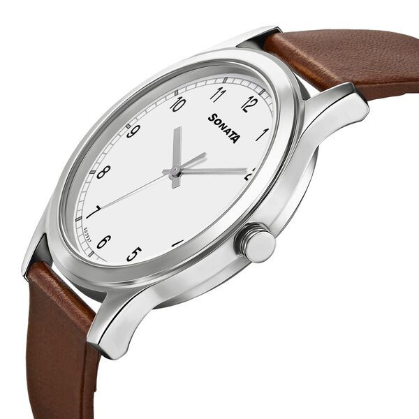 Sonata 7135SL03 Men Quartz White Dial Leather Strap Watch