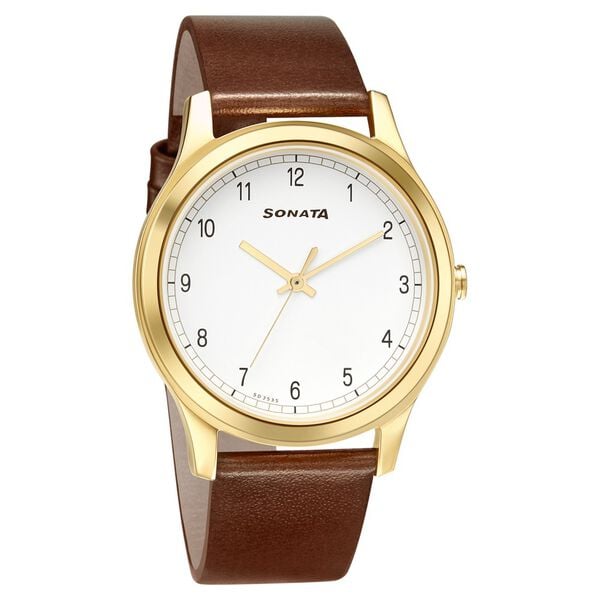 Sonata 7135YL01 Quartz Analog White Dial Men’s Watch with Brown Leather Strap