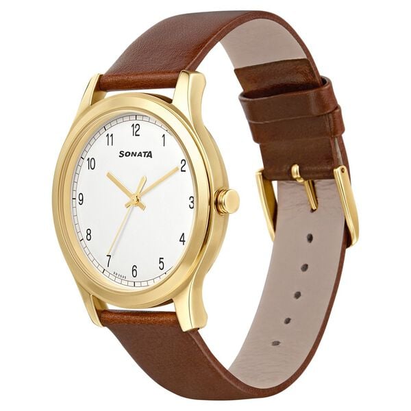 Sonata 7135YL01 Quartz Analog White Dial Men’s Watch with Brown Leather Strap