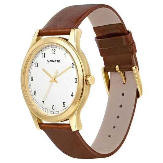 Sonata 7135YL01 Quartz Analog White Dial Men’s Watch with Brown Leather Strap