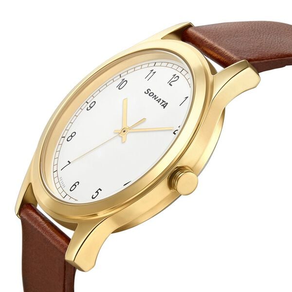Sonata 7135YL01 Quartz Analog White Dial Men’s Watch with Brown Leather Strap