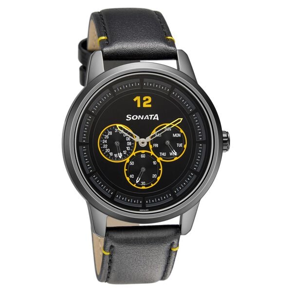 Sonata 7139NL01 Analog Quartz Men Black Dial Black Leather Strap Watch