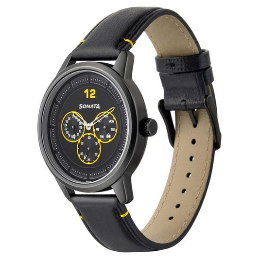 Sonata 7139NL01 Analog Quartz Men Black Dial Black Leather Strap Watch
