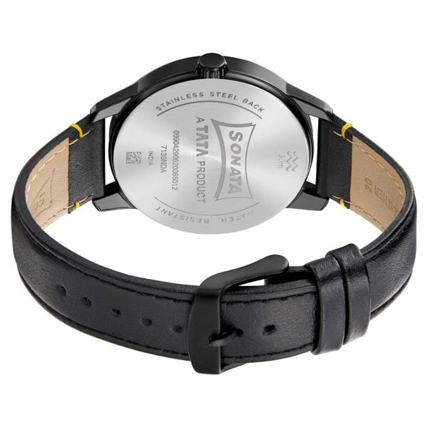Sonata 7139NL01 Analog Quartz Men Black Dial Black Leather Strap Watch