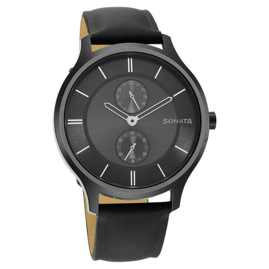 Sonata 7140NL04 Men’s Grey Dial Black Leather Multifunction Quartz Watch
