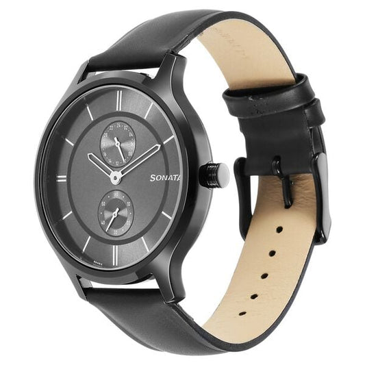 Sonata 7140NL04 Men’s Grey Dial Black Leather Multifunction Quartz Watch