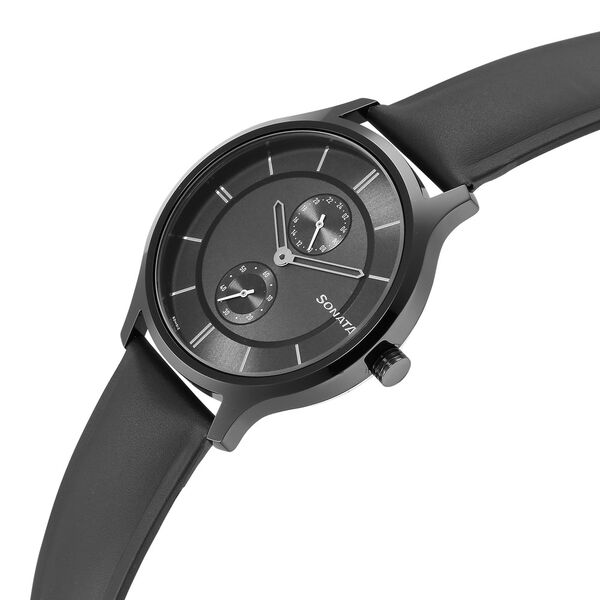 Sonata 7140NL04 Men’s Grey Dial Black Leather Multifunction Quartz Watch