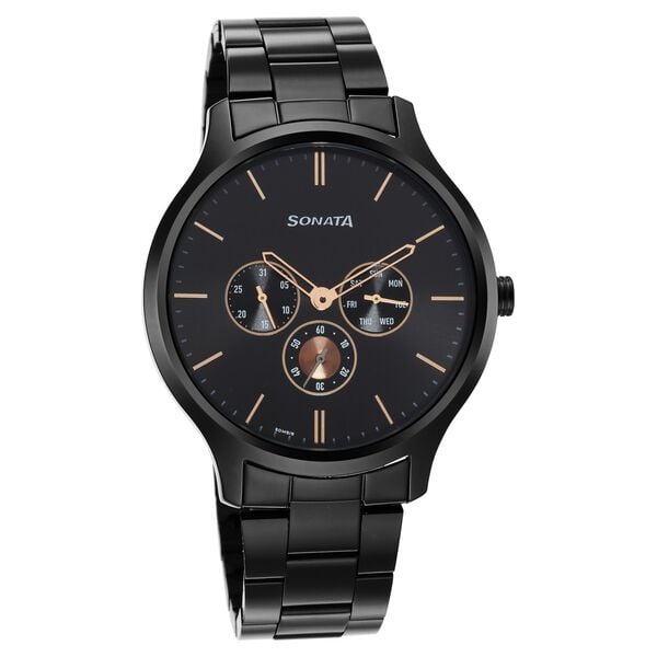 Sonata 7140NM01 men’s watch black dial front view
