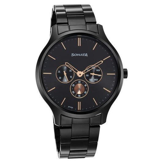 Sonata 7140NM01 Analog Quartz Multifunction Watch for Men – Black Dial, Black Stainless Steel Strap
