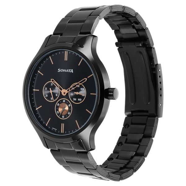 Sonata 7140NM01 Analog Quartz Multifunction Watch for Men – Black Dial, Black Stainless Steel Strap