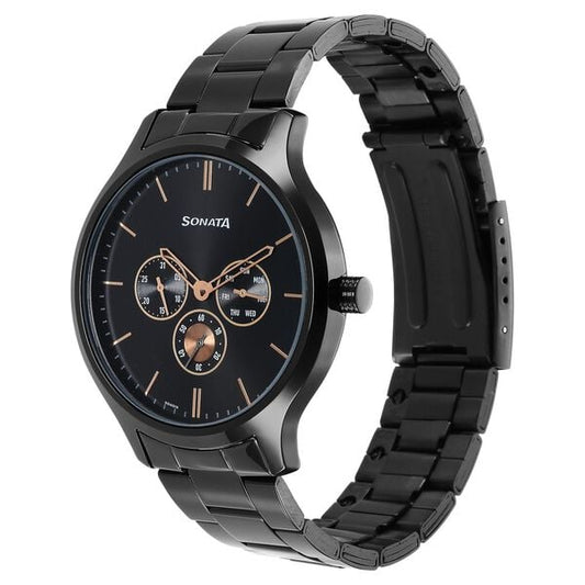 Sonata 7140NM01 Analog Quartz Multifunction Watch for Men – Black Dial, Black Stainless Steel Strap