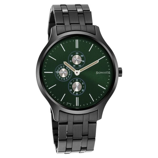 Sonata 7140NM02 Men’s Green Dial Stainless Steel Multifunction Quartz Watch