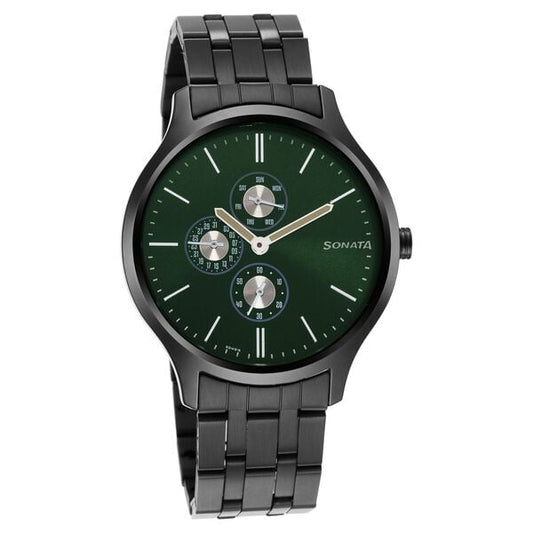 Sonata 7140NM02 Men’s Green Dial Stainless Steel Multifunction Quartz Watch