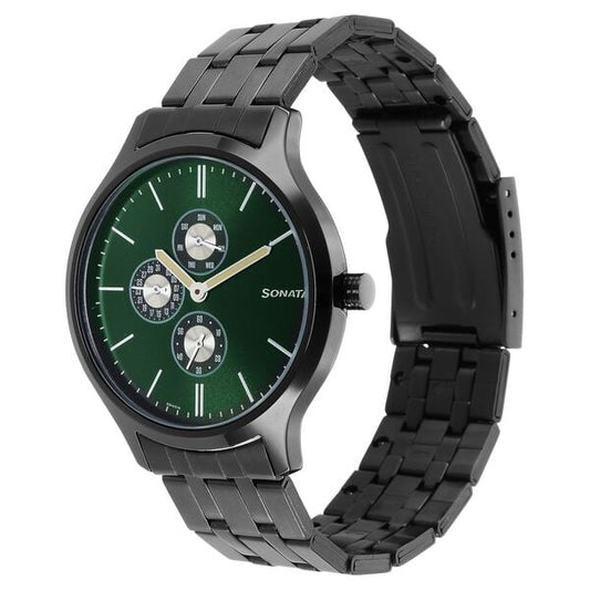 Sonata 7140NM02 Men’s Green Dial Stainless Steel Multifunction Quartz Watch