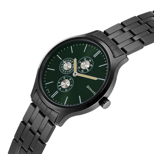 Sonata 7140NM02 Men’s Green Dial Stainless Steel Multifunction Quartz Watch