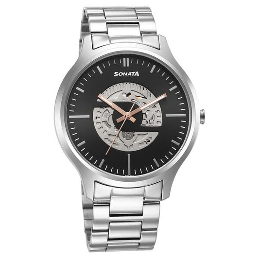 Sonata 7140SM03 Unveil Quartz Analog Black Dial Stainless Steel Strap Watch for Men