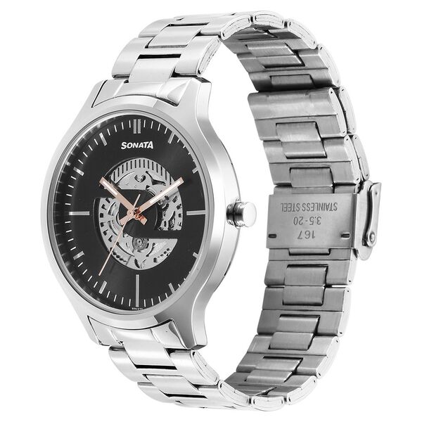 Sonata 7140SM03 Unveil Quartz Analog Black Dial Stainless Steel Strap Watch for Men