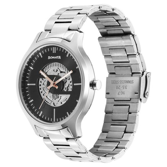 Sonata 7140SM03 Unveil Quartz Analog Black Dial Stainless Steel Strap Watch for Men
