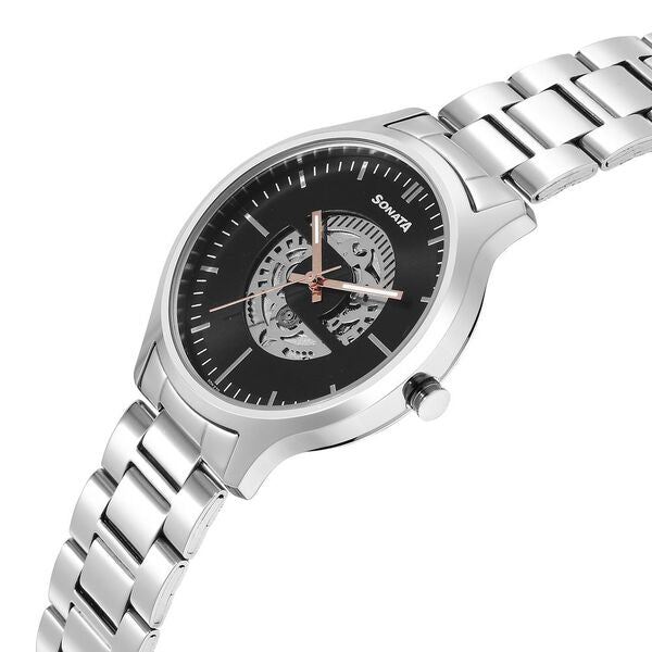 Sonata 7140SM03 Unveil Quartz Analog Black Dial Stainless Steel Strap Watch for Men