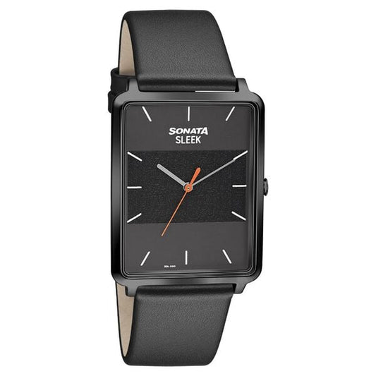 Sonata 7144NL01 Sleek Quartz Analog Black Dial Black Leather Strap Watch for Men