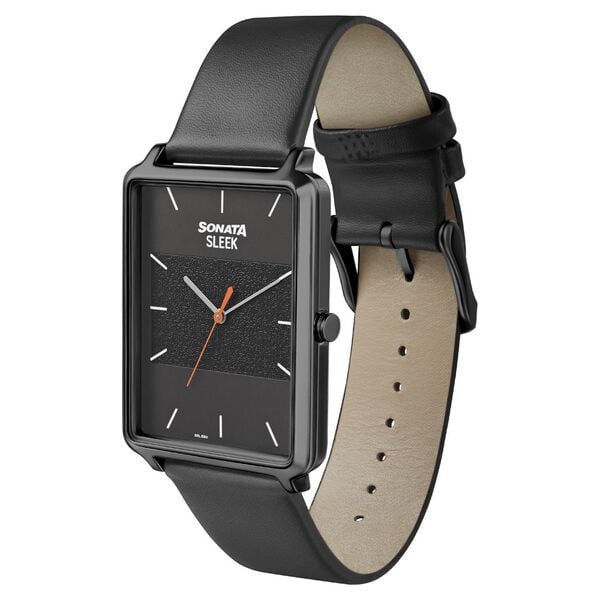 Sonata 7144NL01 Sleek Quartz Analog Black Dial Black Leather Strap Watch for Men