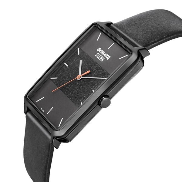 Sonata 7144NL01 Sleek Quartz Analog Black Dial Black Leather Strap Watch for Men