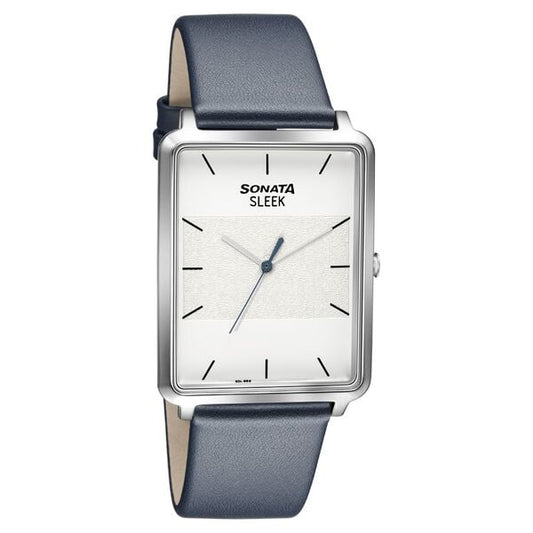 Sonata 7144SL01 Sleek Quartz Analog Silver Dial Blue Leather Strap Watch for Men