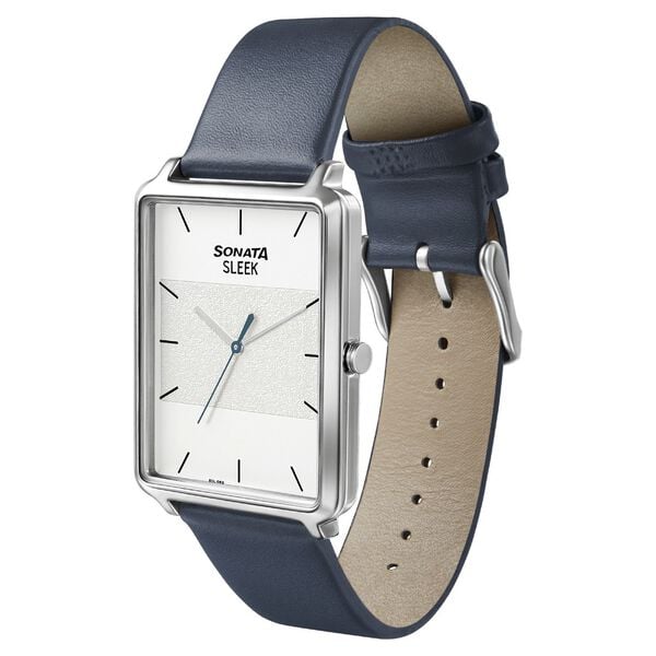 Sonata 7144SL01 Sleek Quartz Analog Silver Dial Blue Leather Strap Watch for Men