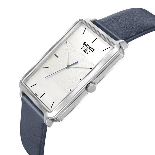Sonata 7144SL01 Sleek Quartz Analog Silver Dial Blue Leather Strap Watch for Men