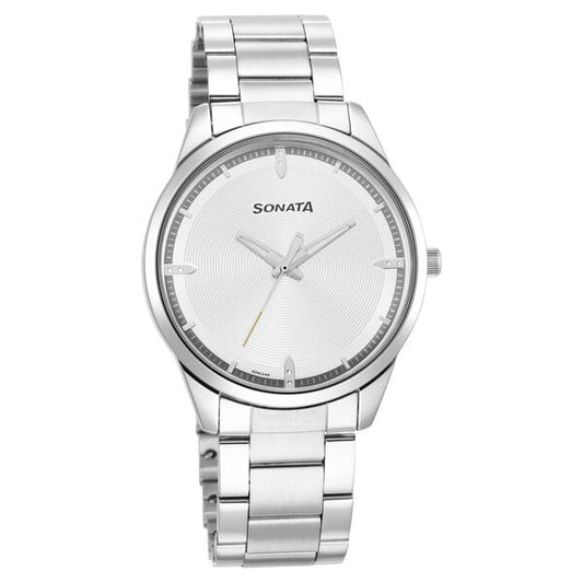 Sonata 7146SM01 Force Quartz Analog Silver Dial Stainless Steel Strap Watch for Men