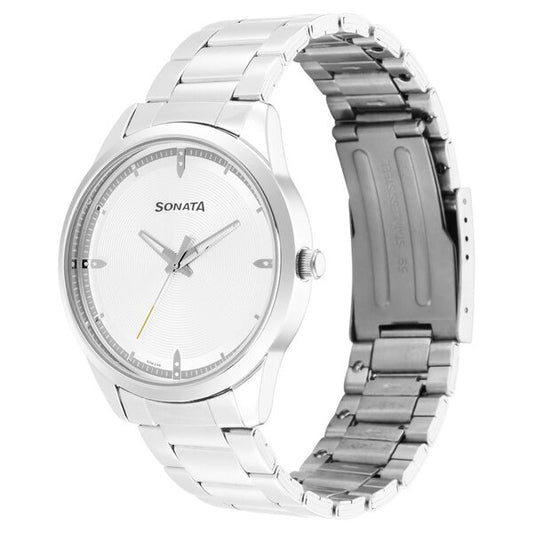 Sonata 7146SM01 Force Quartz Analog Silver Dial Stainless Steel Strap Watch for Men