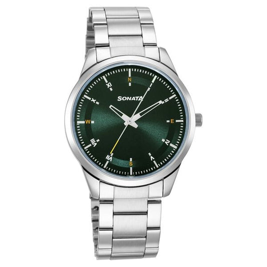 Sonata 7146SM03 Force Quartz Analog Green Dial Stainless Steel Strap Watch for Men