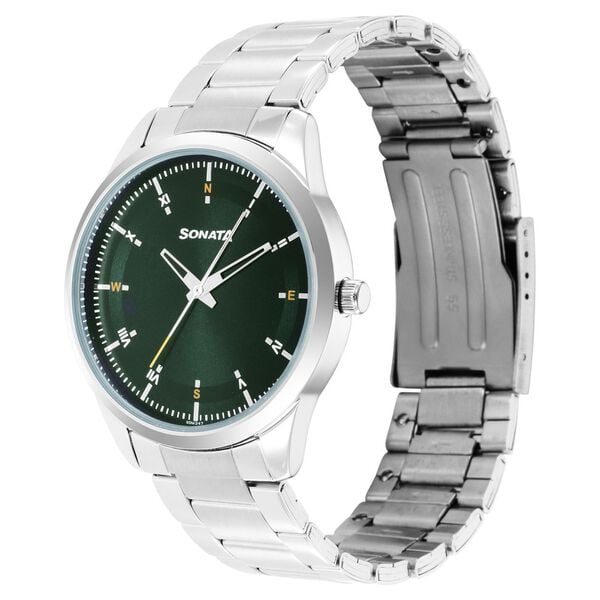 Sonata 7146SM03 Force Quartz Analog Green Dial Stainless Steel Strap Watch for Men