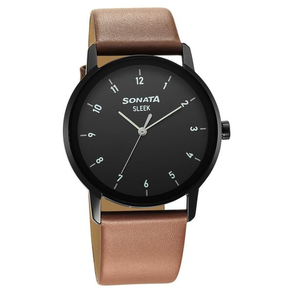 Sonata 7147NL01 Sleek Quartz Analog Black Dial Leather Strap Watch for Men