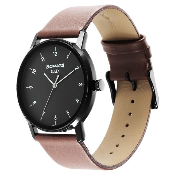 Sonata 7147NL01 Sleek Quartz Analog Black Dial Leather Strap Watch for Men