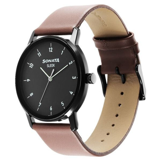 Sonata 7147NL01 Sleek Quartz Analog Black Dial Leather Strap Watch for Men