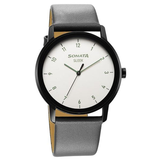 Sonata 7147NL02 Quartz Analog Grey Dial Men’s Watch with Grey Leather Strap
