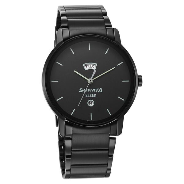 Sonata 7147NM01 Analog Quartz Watch for Men – Black Dial, Black Stainless Steel Strap