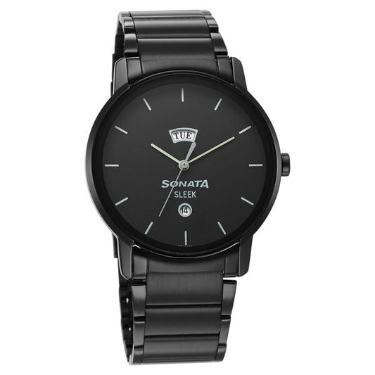 Sonata 7147NM01 Analog Quartz Watch for Men – Black Dial, Black Stainless Steel Strap