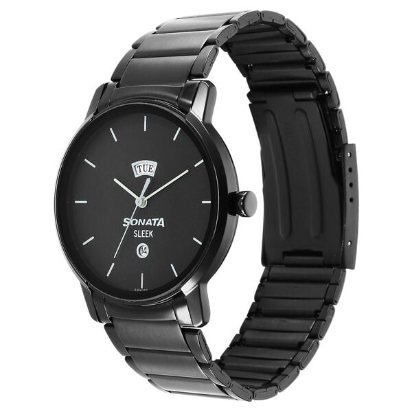 Sonata 7147NM01 Analog Quartz Watch for Men – Black Dial, Black Stainless Steel Strap