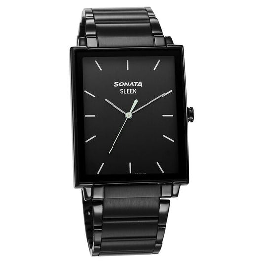 Sonata 7148NM01 Sleek Quartz Analog Black Dial Black Stainless Steel Strap Watch for Men