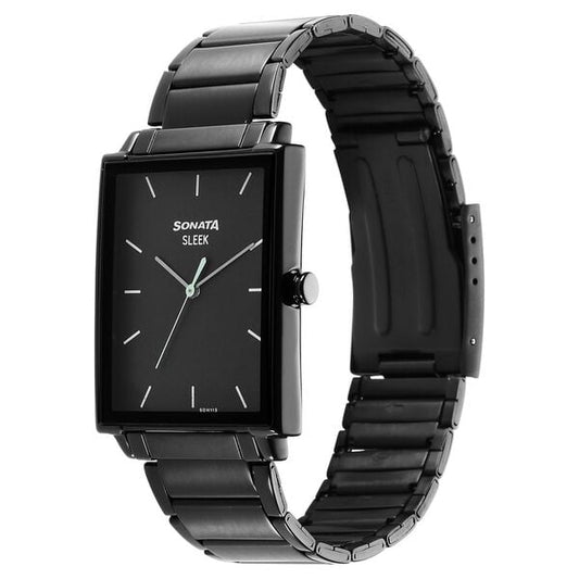 Sonata 7148NM01 Sleek Quartz Analog Black Dial Black Stainless Steel Strap Watch for Men