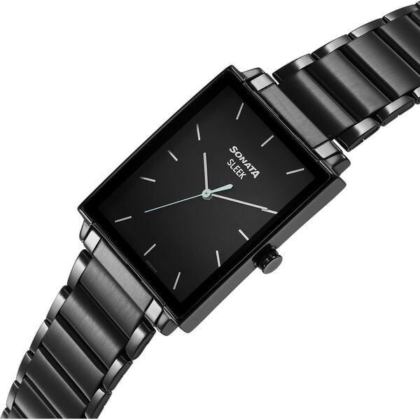 Sonata 7148NM01 Sleek Quartz Analog Black Dial Black Stainless Steel Strap Watch for Men