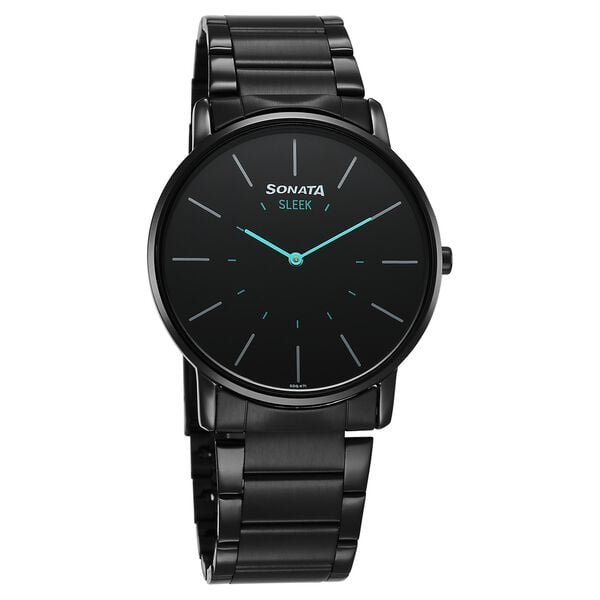 Sonata 7152NM01 front view black dial men’s watch