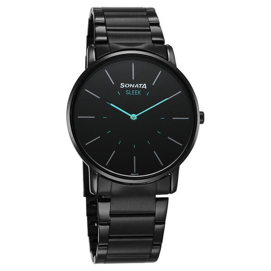 Sonata 7152NM01 front view black dial men’s watch