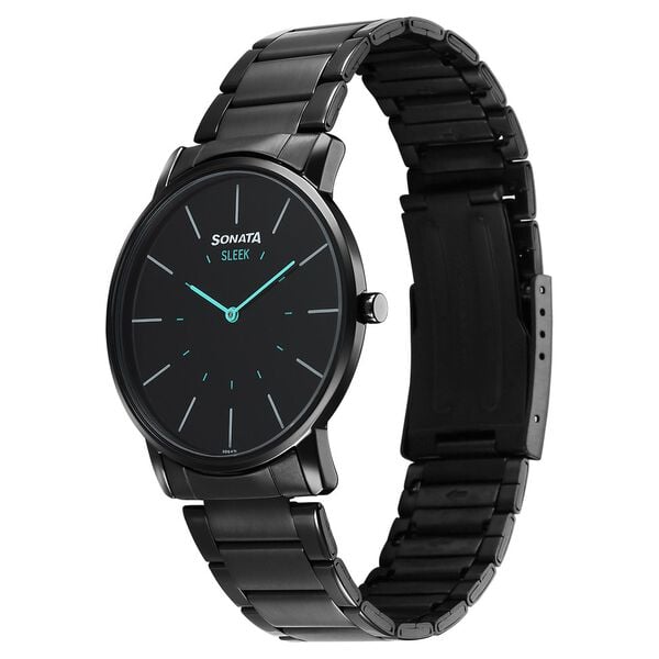 Sonata 7152NM01 Men Sleek Quartz Black Dial Black Stainless Steel Strap Watch
