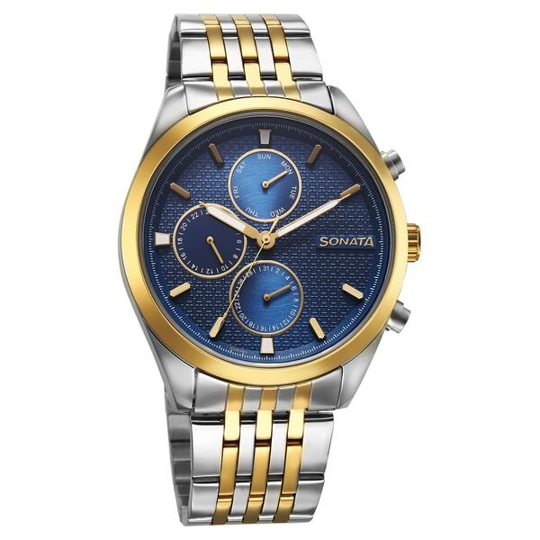 Sonata 7155BM01 Men’s Blue Dial Two‑Tone Stainless Steel Multifunction Quartz Watch