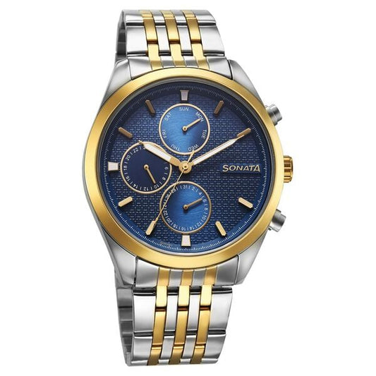 Sonata 7155BM01 Men’s Blue Dial Two‑Tone Stainless Steel Multifunction Quartz Watch