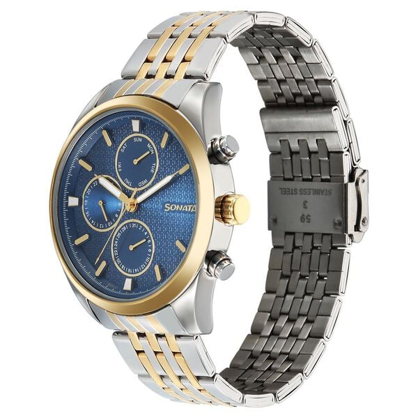 Sonata 7155BM01 Men’s Blue Dial Two‑Tone Stainless Steel Multifunction Quartz Watch